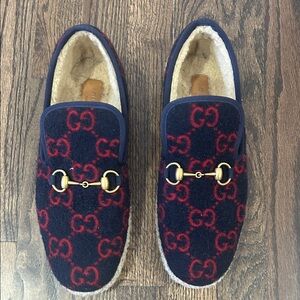 Gucci Fria wool loafers navy with red GG monogram, gold horsebit hardware 40.5